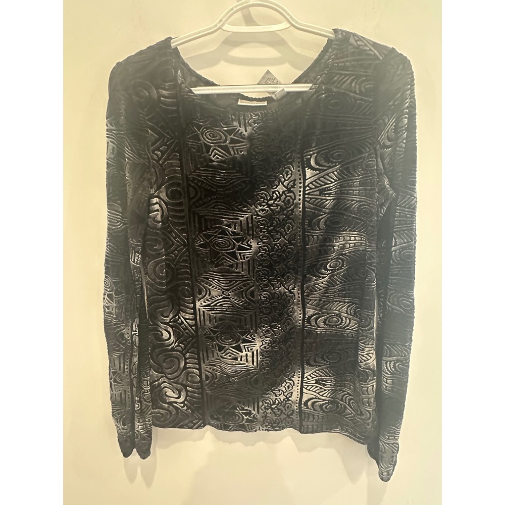 Chicos Black Burnout Velvet Tribal Pattern Long Sleeve Mesh Top size 2/L